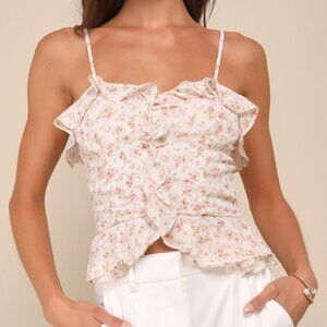 Lulus Your Sunny Sweetie Ivory Floral Ruffled Peplum Cami Top White - Size L